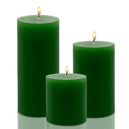 Pillar Candles Set of 3 – Unscented Dripless Rustic Green Candles for Home Decor, Weddings, Table Settings (3” W x 3”, 4”, and 6” H)