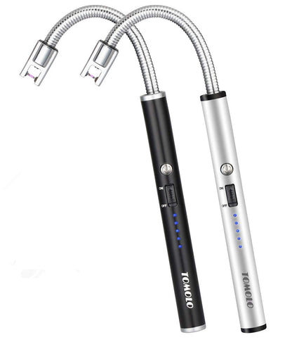 TOMOLO 2 Pack Electric Candle Lighter USB Rechargeable Flameless Windproof Arc Lighter with Flexible Neck, Safety Switch for Candle, Grill, BBQ, Camping & Kitchen (Black&Silver)