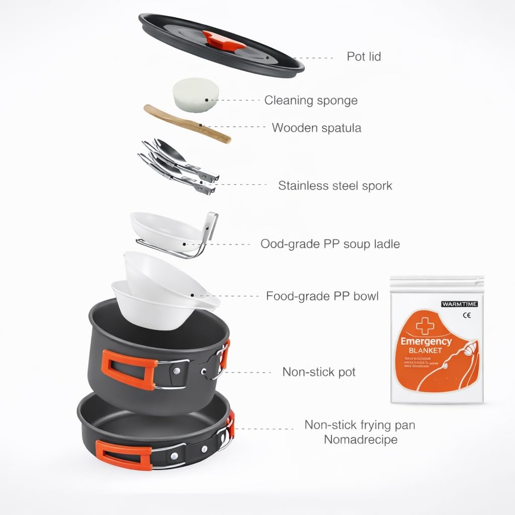 Voyage Living 12 PCS Lightweight Camping Cookware Set – Non-Stick Pots, Pans & Utensils for Backpacking, Hiking – Compact Mess Kit for 1-2 People, Gift with Emergency Blanket