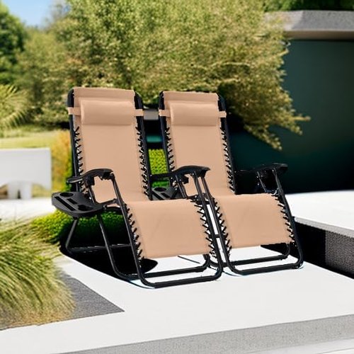 Best Choice Products Adjustable Steel Mesh Zero Gravity Lounge Chair Set - 2 Recliners with Pillows & Cup Holders | Beige