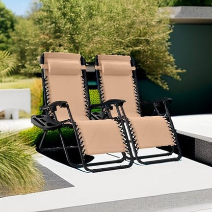 Best Choice Products Adjustable Steel Mesh Zero Gravity Lounge Chair Set - 2 Recliners with Pillows & Cup Holders | Beige