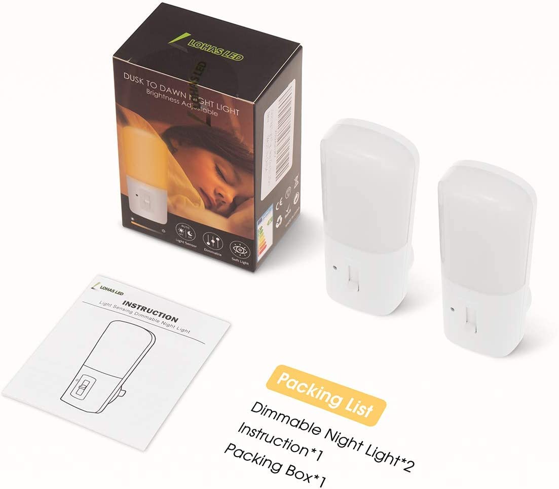 LOHAS Plug in Night Light, Dimmable LED Night Lights With Dusk to Dawn Sensor, Soft White 3000K Sleep Nightlight, Adjustable Brightness 5-80lm Mini Light for Nursery Kids Room Hallway Kitchen, 2 Pack
