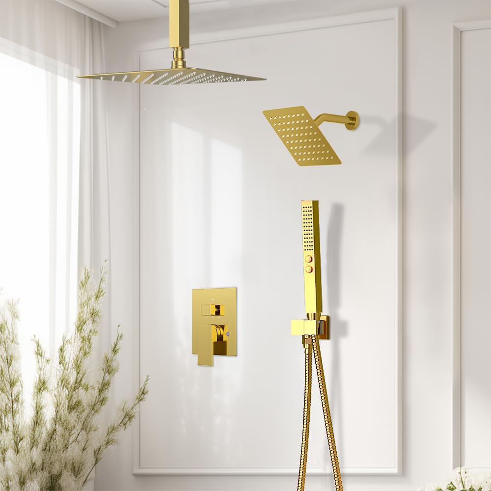 Brushed Gold Shower System Shower Faucet Set, STARBATH 6"+12" Ceiling Mount Rain Shower Head and Handheld Spray for Two Person, Shower Faucet Set with Diverter Valve and Trim Kit Complete
