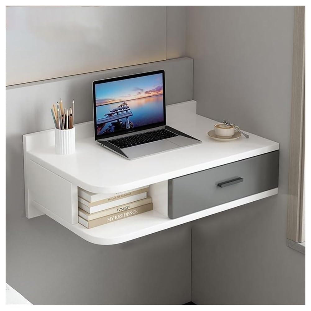 Sxlawesom Wall Mounted Desk, Floating Vanity Makeup Table with Drawer, Space-Saving Wall Organizer Computer Desk for Home Office(White Gray,60x40x25cm)
