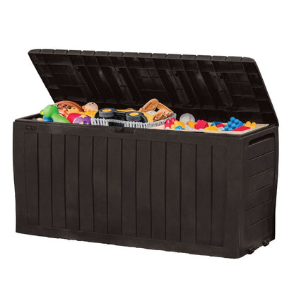 EAST OAK Deck Box, 31 Gallon Indoor and Outdoor Storage Box with Padlock for Patio Cushions & Keter Marvel Plus 71 Gallon Resin Outdoor Box for Patio Furniture Cushion Storage, Brown