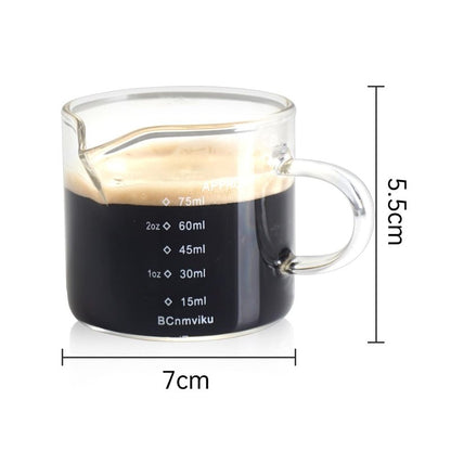 BCnmviku 2 PACK Espresso Glass Measuring Cup Triple Pitcher Milk Cup 75ML Espresso Cups with Handle Shot Glass with V-Shaped Mouth Clear Accessories Milk Frothing Pitcher (2)
