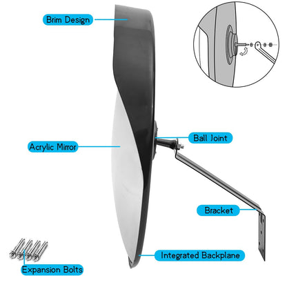 Morimoe Safety Convex Mirror, Acrylic Curved Traffic Mirror, Adjustable Bracket for Outdoor Indoor, Wide Angle Clear View (Size: 24")