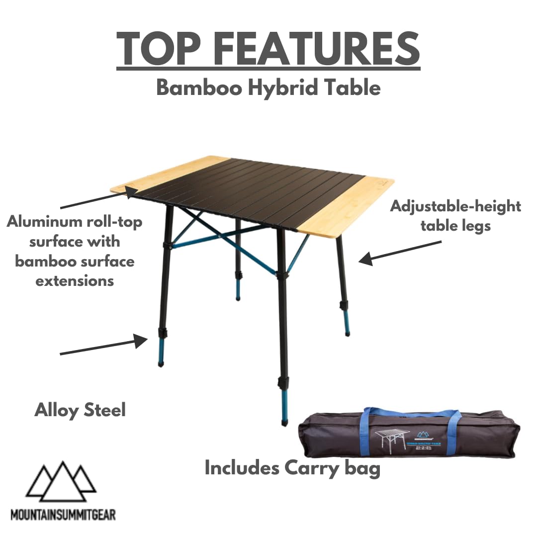 MOUNTAIN SUMMIT GEAR Bamboo/Aluminum Roll-Top Camping Table - Hybrid and Portable Aluminum-Top/Bamboo Folding Table with Adjustable Height Steel Frame by Caddis Sports