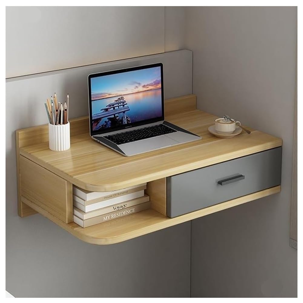 Sxlawesom Wall Mounted Desk, Floating Vanity Makeup Table with Drawer, Space-Saving Wall Organizer Computer Desk for Home Office(Natural Gray,80x40x25cm)