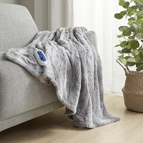 Beautyrest Zuri Reversible Faux Fur to Mink Electric Blanket, Auto Shut Off, Virtually Zero EMF, Multi Heat Setting, UL Certified, Machine Washable, Natural Marble Throw 50x70