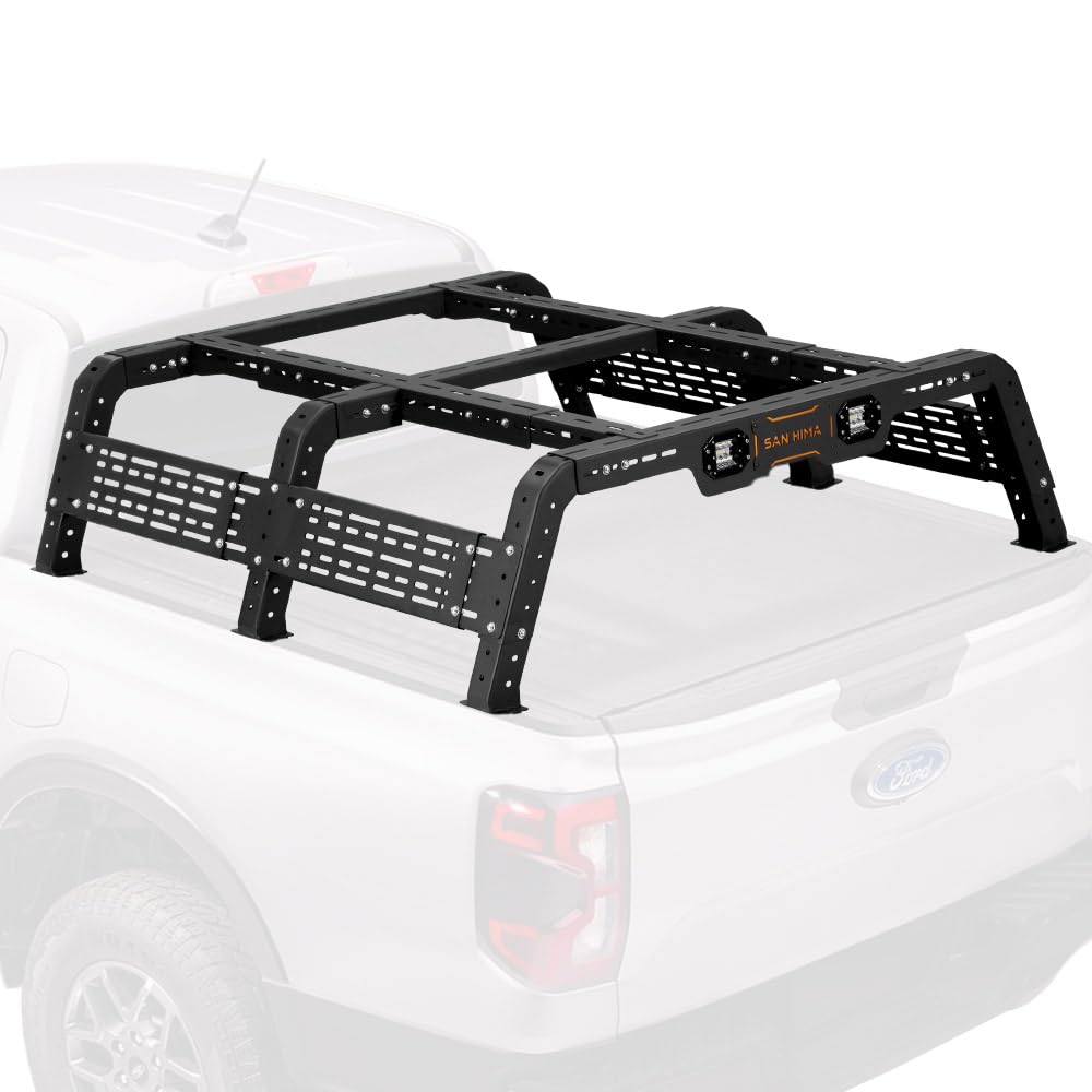 SanHima Adjustable Truck Bed Rack w/LED Lights - Overland Universal Bed Rack for Full-Size Trucks Without Factory Bed Rails/Tonneau Bed Cover