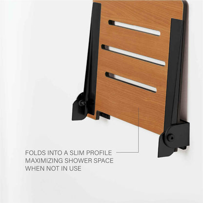 Seachrome 18 inch Silhouette Slimline Folding Wall Mount Shower Bench Seat, Teak Seat with Matte Black Frame