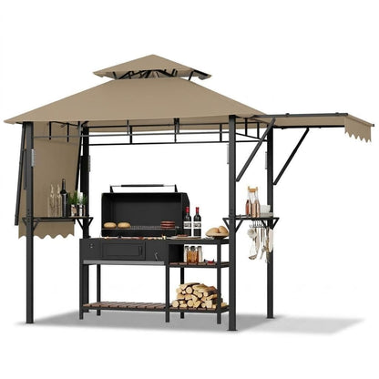 COZONY Double-Tier Grill Gazebo 13x4 ft – Heavy-Duty Steel Frame, Dual Side Awnings, Weather-Resistant Canopy, Shelves, LED Lights, Hooks, Bottle Opener – Outdoor BBQ Pavilion for Patio, Garden