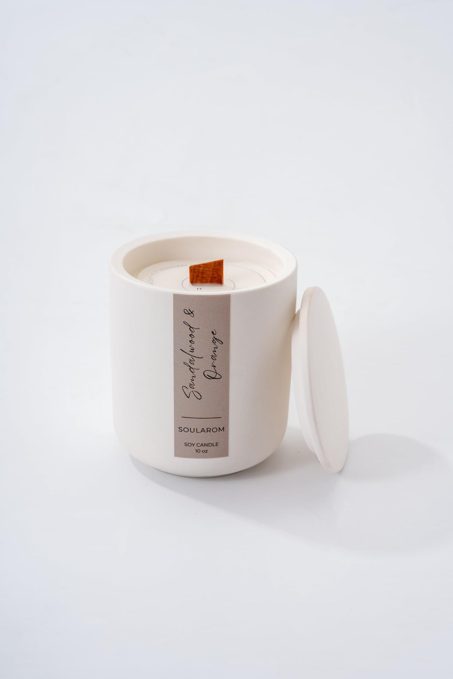 Soularom Candles for Home Scented – 10oz Hand Poured Aromatherapy Sandalwood and Orange Candle Soy Wax Candles in Elegant Ceramic Jar – Crackling Wooden Wick Decorative Candle with 60 Hours Burn Time