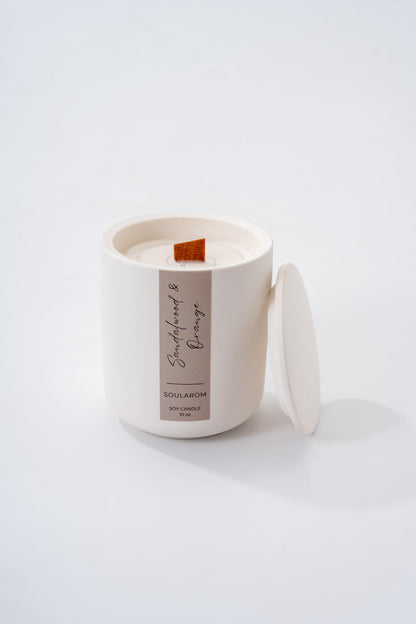 Soularom Candles for Home Scented – 10oz Hand Poured Aromatherapy Sandalwood and Orange Candle Soy Wax Candles in Elegant Ceramic Jar – Crackling Wooden Wick Decorative Candle with 60 Hours Burn Time