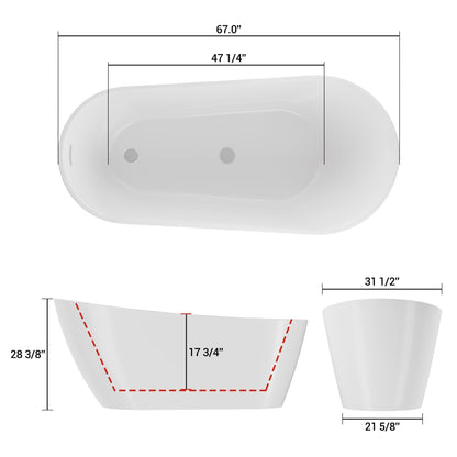 GarveeHome 67'' Acrylic Freestanding Bathtub, Deep Soaking Tub, Non-Slip Upright Bathtub for Adults, cUPC Certified Bath, Chrome Drain, Modern, Bathroom, Scratch Resistant White Tub