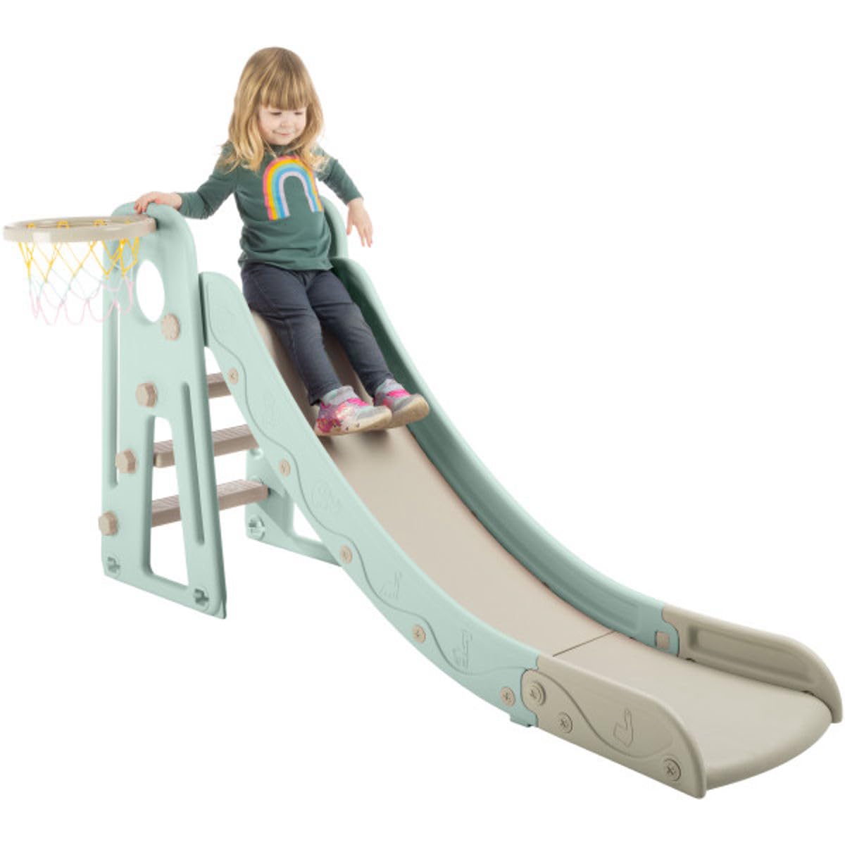 Toddler Slide with Basketball Hoop and Ball - Indoor and Outdoor Play Equipment for Kids Age 3 and Up - Foldable Plastic Climber Slide Playset Toys by Hey Play (Blue)
