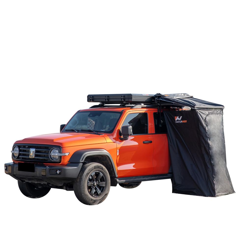 SPOFLYINN Car Side Shower Room Roof Top Popup Toilet Tent Privacy Protection Shower Tent Shower Awning with LED Strip Light for Camping Black