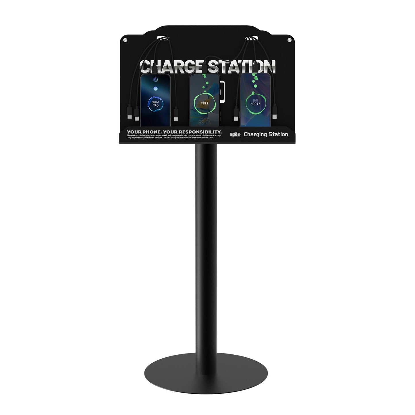 Floor Standing Cell Phone Charging Station with Fast Charigng Cables – 8 Device Charging Dock for Office, Hotel & Public Spaces | Compatible with iPhone ipad Smartphone Tablets Android Port (Black)