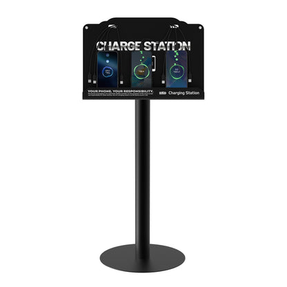 Floor Standing Cell Phone Charging Station with Fast Charigng Cables – 8 Device Charging Dock for Office, Hotel & Public Spaces | Compatible with iPhone ipad Smartphone Tablets Android Port (Black)