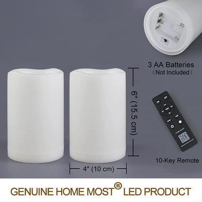 HOME MOST Pack of 2 White 4x6 LED Pillar Candles Outdoor IP65 Waterproof - Large Pillar Candles Battery Powered with Timer and Remote - Battery Operated Unscented Outdoor Flameless Candles Flickering