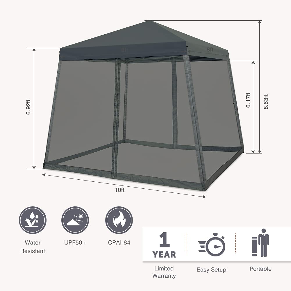 COOS BAY 10x10 Pop Up Canopy Tent with Screen Netting, Slant Leg Canopy with UPF 50+ UV Protection, 64 Sq Ft Shade, One Person Setup with Carry Bag, Gray