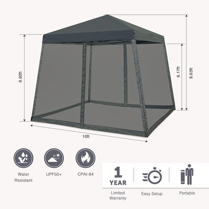 COOS BAY 10x10 Pop Up Canopy Tent with Screen Netting, Slant Leg Canopy with UPF 50+ UV Protection, 64 Sq Ft Shade, One Person Setup with Carry Bag, Gray
