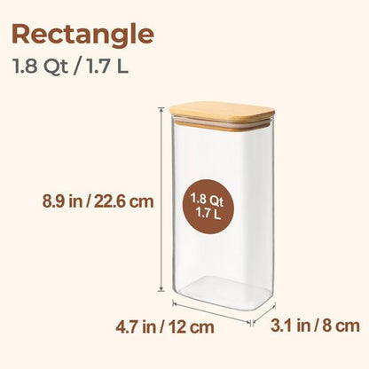 ComSaf Glass Storage Containers - 1.8 Qt Rectangle Jars with Bamboo Lids for Food & Pantry Organization
