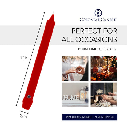 Colonial Candle Unscented Taper Candle, Classic Collection, Red, 10 in, Pack of 6 Candlesticks - Up to 8 Hours Burn