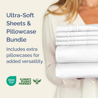 White 4-Piece Queen Sheet Set by [Brand Name] - Luxurious Bedding with Deep Pockets & 2 Pillowcases - Soft, Breathable, Cooling Comfort