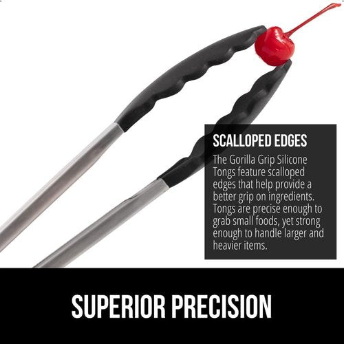 GORILLA GRIP Stainless Steel Kitchen Tongs - Heat Resistant, Non-Scratch Silicone Tips, Set of 2 | 7 & 9 Inch, Black