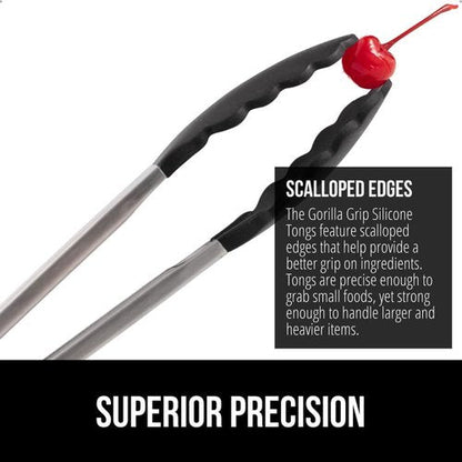 GORILLA GRIP Stainless Steel Kitchen Tongs - Heat Resistant, Non-Scratch Silicone Tips, Set of 2 | 7 & 9 Inch, Black