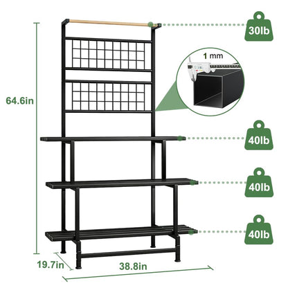 YOBAZAN 3-Tier Metal Plant Stand with Hanging Shelf – Heavy Duty, Waterproof Indoor & Outdoor Flower Rack for Multiple Pots, Balcony, Garden, Living Room – Black