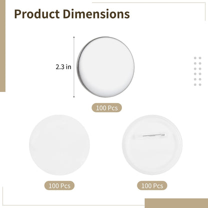 100 Sets Blank Button Making Supplies, Blank Button Badge with Metal Shells, Clear Mylar, Pin Backs, DIY Badges for Personalized Crafts, Party Favors, 58 mm/ 2.3 in