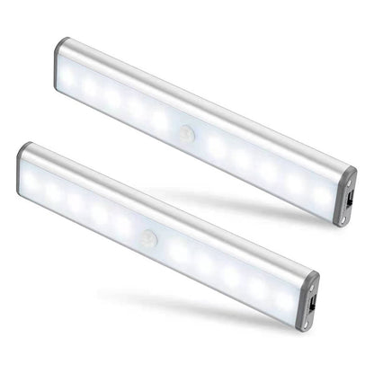 Moston 10 LED Magnetic Motion Sensor Wardrobe Closet Lights,Auto On/Off Under Cupboard Cabinet Lighting,Rechargeable Battery Powered Sensing Night Light,Stick-on Anywhere (Silver Aluminium,2 Pack)