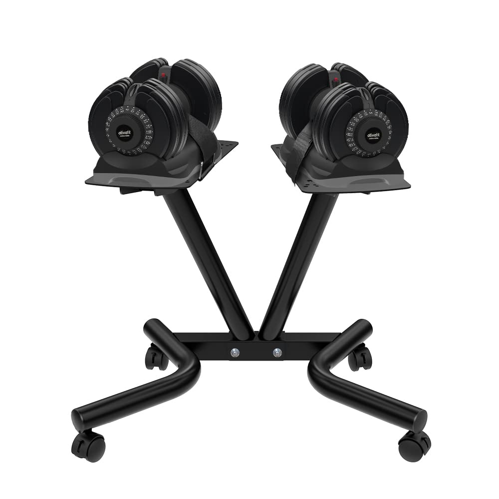 ATIVAFIT Adjustable Dumbbell Stand for Home Gym, Heavy Duty Dumbbell Rack with Adjustable Safety Strap, Space Saving Weight Stand with Wheels, Ergonomic Storage Rack Supports Up to 220 LB