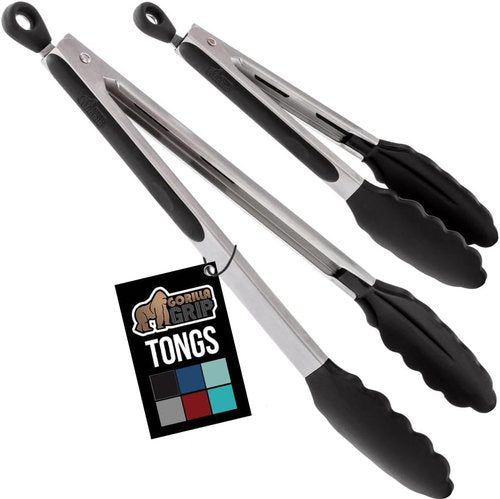 GORILLA GRIP Stainless Steel Kitchen Tongs - Heat Resistant, Non-Scratch Silicone Tips, Set of 2 | 7 & 9 Inch, Black