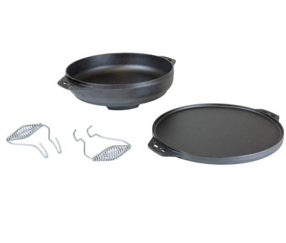 Lodge Cast Iron Cookware Set with Accessories - Five-Piece Cast Iron Cookware Set with Reversible Grill/Griddle, Wok, Handles and Leather Gloves