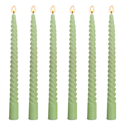 6 Pack 10 Inch Sage-Green Spiral Taper Candles for Christmas and Spring Home Decoration, Unscented Dripless Twisted Candlesticks for Dinner St. Patrick's Day Earth Day and Garden Parties