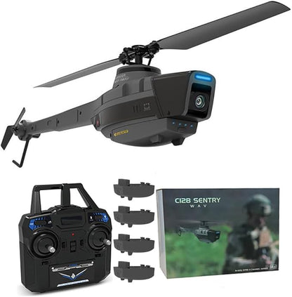 C128 RC Military Aircraft 2.4G 4CH Remote Control Helicopter with Camera for Adults Single-Rotor Aileronless Indoor Outdoor-RTF (4 Batteries)