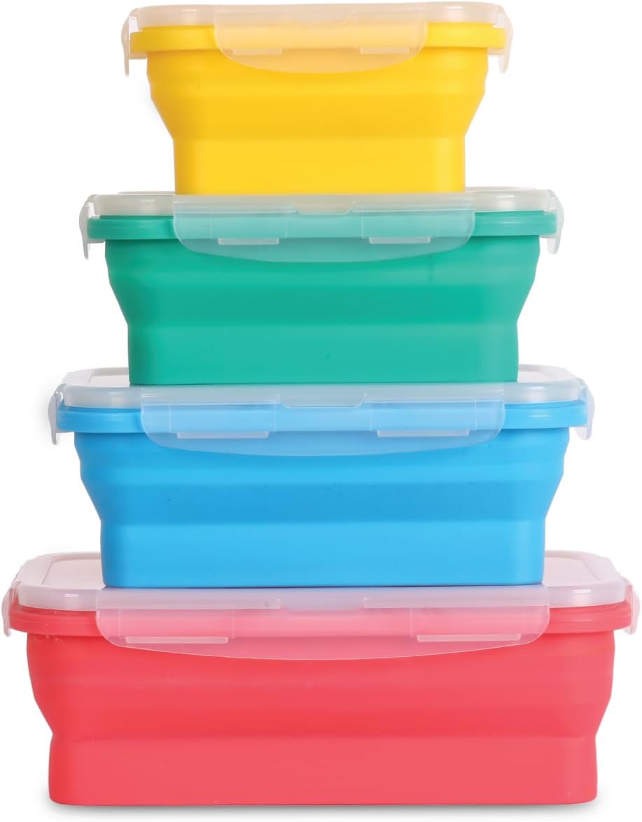 Deke Home - Collapsible Silicone Food Storage Containers with Lids, Set of 4, BPA-Free, Airtight, Space-Saving Meal Prep & Lunch Box, Microwavable, Freezer & Dishwasher Safe, Camping & Travel