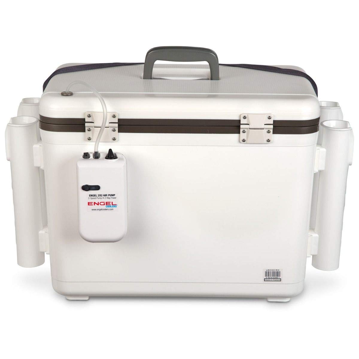 Engel 30qt Live Bait Cooler Box with 2nd Gen 2-Speed Portable Aerator Pump and 4 x Fishing Rod Holder Attachments. Fishing Bait Station and Minnow Bucket in LBC30-RH in White