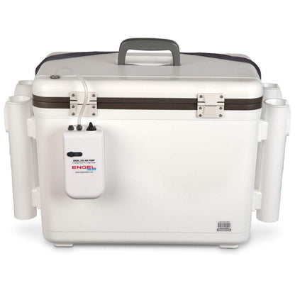 Engel 30qt Live Bait Cooler Box with 2nd Gen 2-Speed Portable Aerator Pump and 4 x Fishing Rod Holder Attachments. Fishing Bait Station and Minnow Bucket in LBC30-RH in White