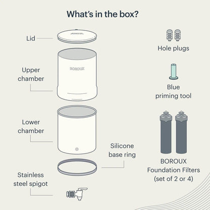 Boroux Legacy Gravity-Fed Countertop Stainless Steel Water Filter System | 3 Gallons with 2 Authentic Black Foundation. Filters