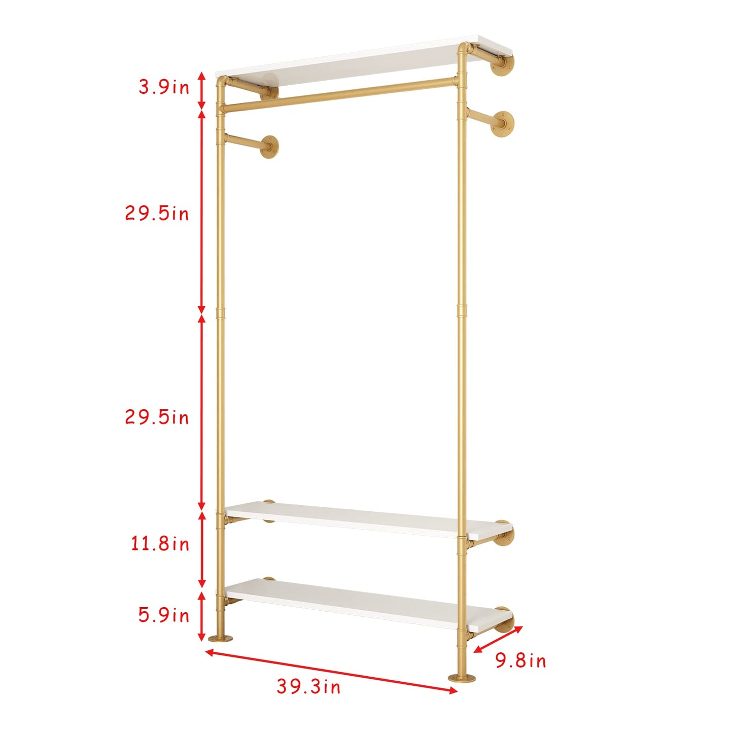 Smlttel Gold Wall Clothing Racks with White Shelves, Wall Mounted Gold Clothes Rack for Hanging Rods，Heavy Duty Industrial Pipe Clothing Racks With Shelves Retail Display Garment Rack for Home
