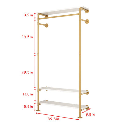 Smlttel Gold Wall Clothing Racks with White Shelves, Wall Mounted Gold Clothes Rack for Hanging Rods，Heavy Duty Industrial Pipe Clothing Racks With Shelves Retail Display Garment Rack for Home