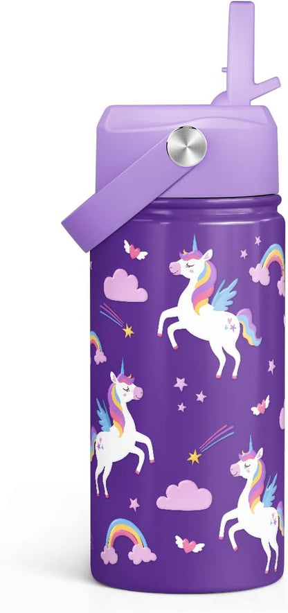 Skiennix Unicorn Kids Water Bottle - 12oz Insulated Stainless Steel Tumbler with Straw Lid | Perfect Gift for Girls
