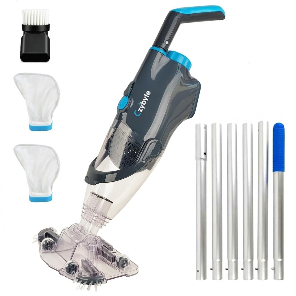 CZYBYTE Handheld Pool Vacuum Cleaner, Rechargeable Pool Bottom Cleaner with Strong Suction, 1 H Runtime, 89 inchs Extension Pole,for Above Ground/Inground Pools, Spas and Hot Tubs, Grey