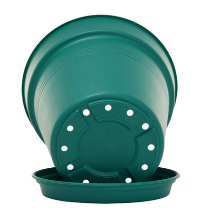 Mintra Garden Pots, 4 Pack Bulk Plastic Plant Pots with Drainage Tray, Round Indoor & Outdoor Decorative Planters with Drain Holes for Flowers, Herbs & Plants, 17cm Diameter – Forest Green, 6.6 in