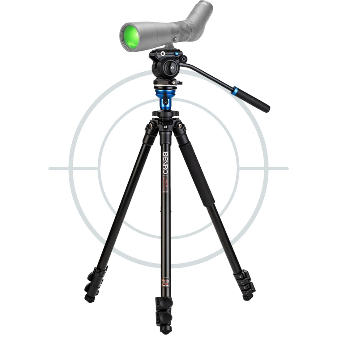Benro A1573F Aluminum Tripod for Spotting Scopes, Binoculars, Outdoor Field Viewing, Leveling Base, Smooth Fluid Head w/Sliding QR Plate, Flip Locks, Case, Adjustable Legs, 62" Max Ht, 5.5lb Payload